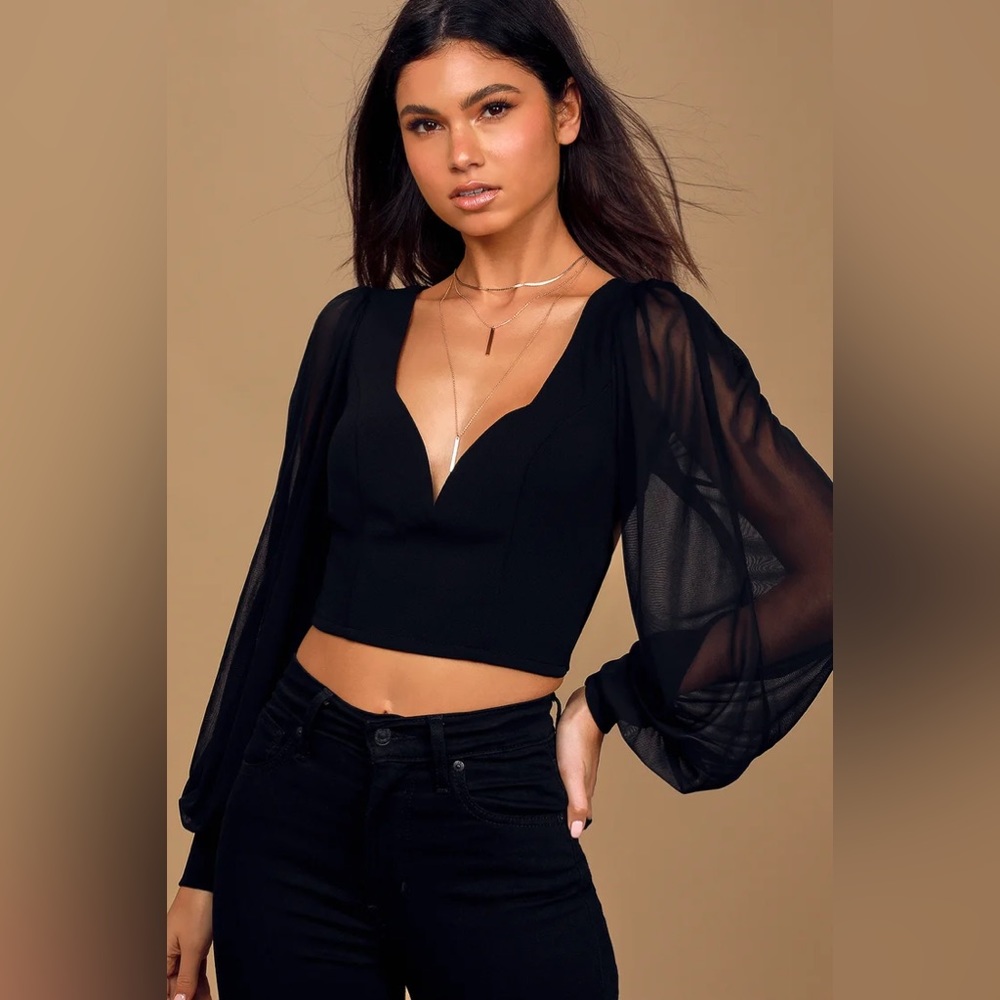Lulus Black Mesh Balloon Sleeve Backless Crop Top